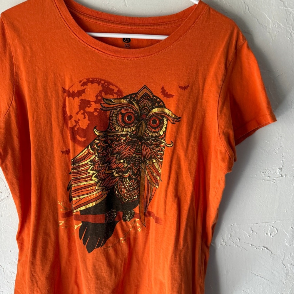 Halloween Mandala Owl Graphic T-Shirt Orange Short Sleeve‎ XL 16-18 Cotton